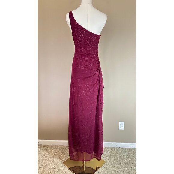 VTG Y2K Long Formal Dress Women S One Shoulder Sparkle Overlay Ruched Ruffle - Picture 7 of 9